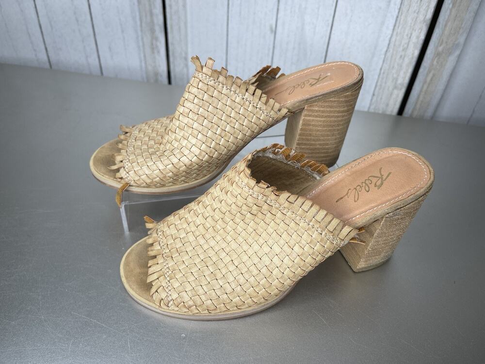 Rebels Tenley Beige Basket Weave Leather Stacked Heel Mule Size 7.5